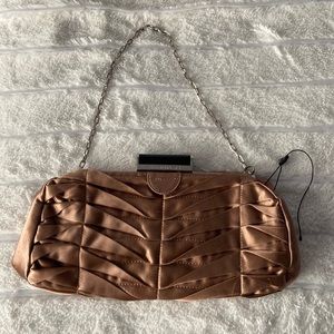 New BCBGMaxAzria Ruffle Satin Copper Clutch with Chain